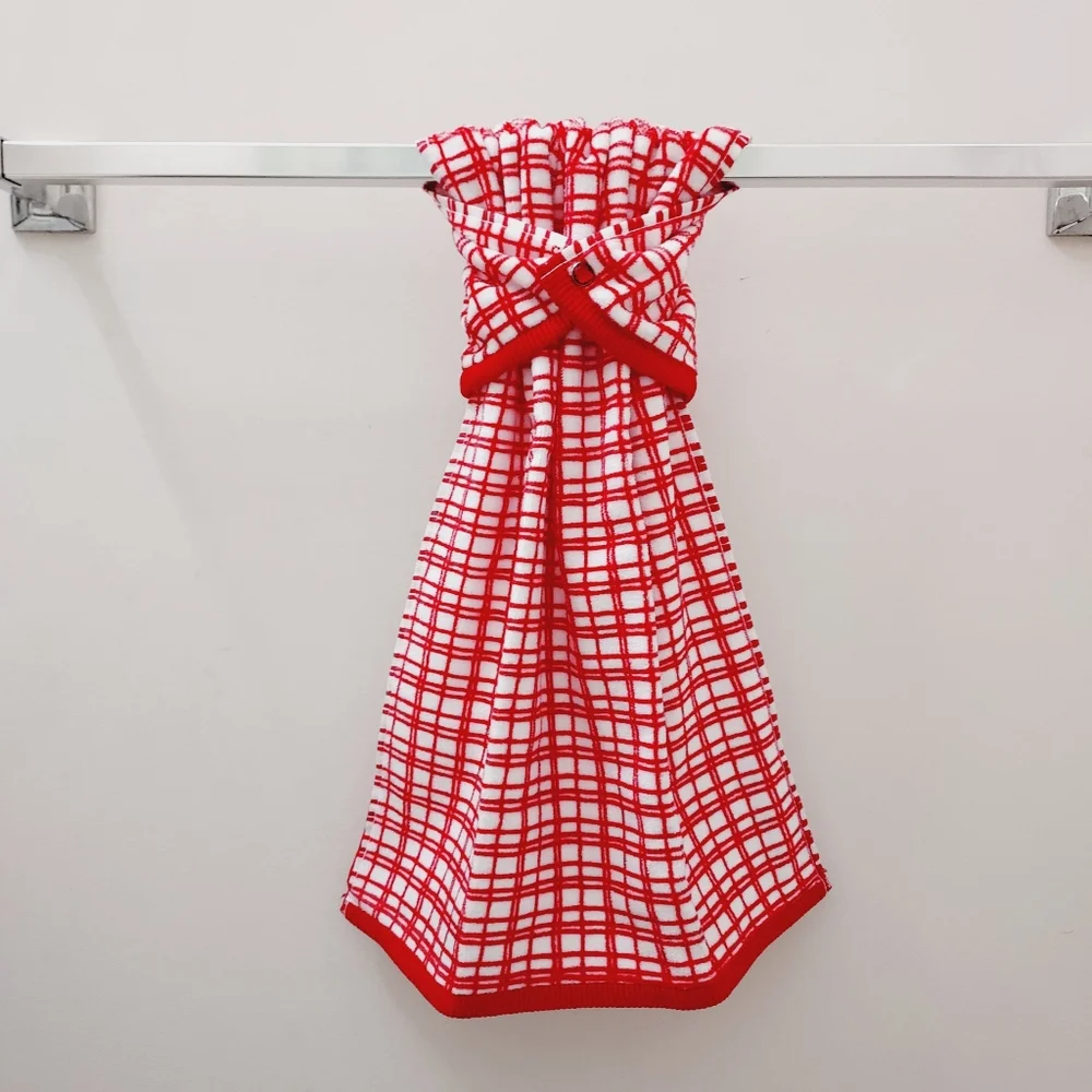 NEW! #9097-C❗️ LAST 1 ❗️■Red checkered Hang'N'Snap Hand Towel 🤍RED JEWEL SNAP